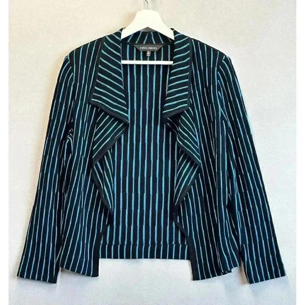 Ming Wang Women's Petite Size Large Black‎ Blue Stripe Lightweight Open Cardigan